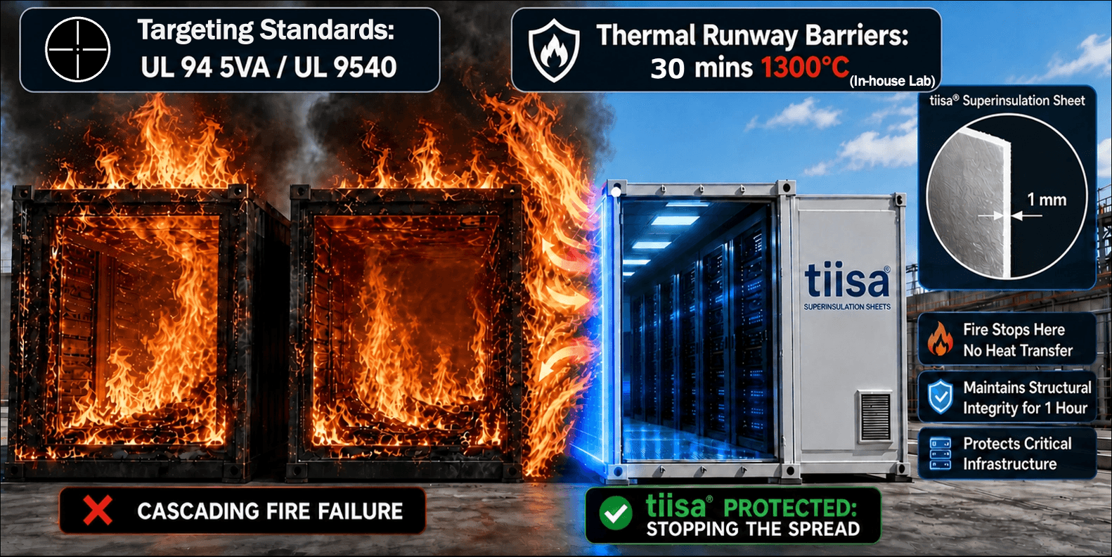 Illustration image of TIISA® Superinsulation Sheet applied container leveraging exceptional fire-retardant and thermal insulation performance.