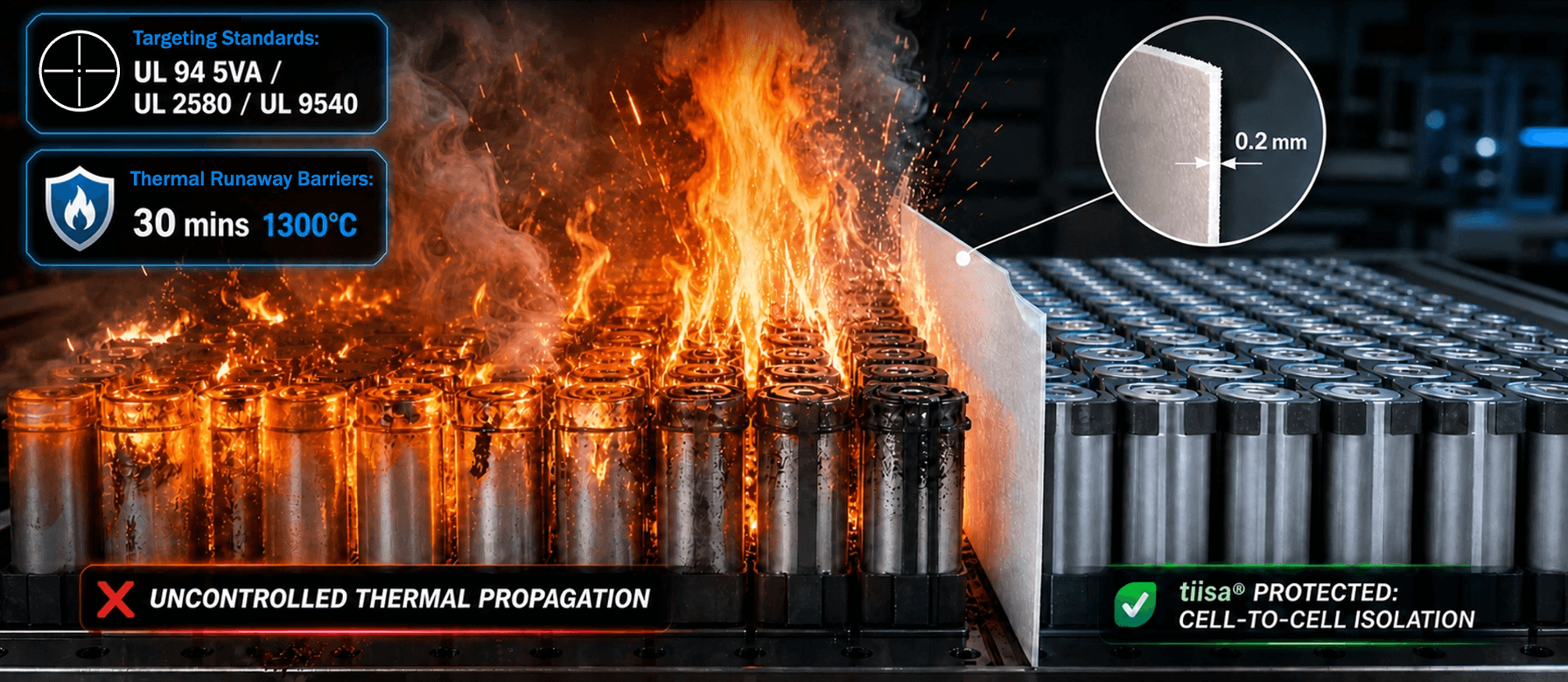 Illustration of Ultra-Thin tiisa® Superinsulation Sheets applied to Lithium Ion batteries preventing thermal runaway.